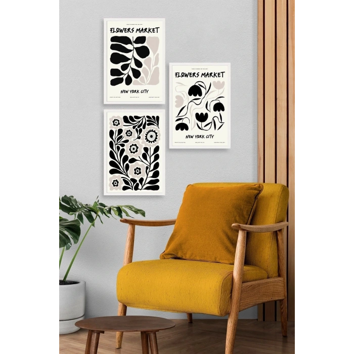 Flower Market Üçlü Ahşap Çerçeveli Tablo 23 x 30