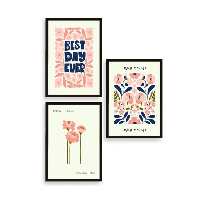 Flower Market Üçlü Ahşap Çerçeveli Tablo 30 x 40