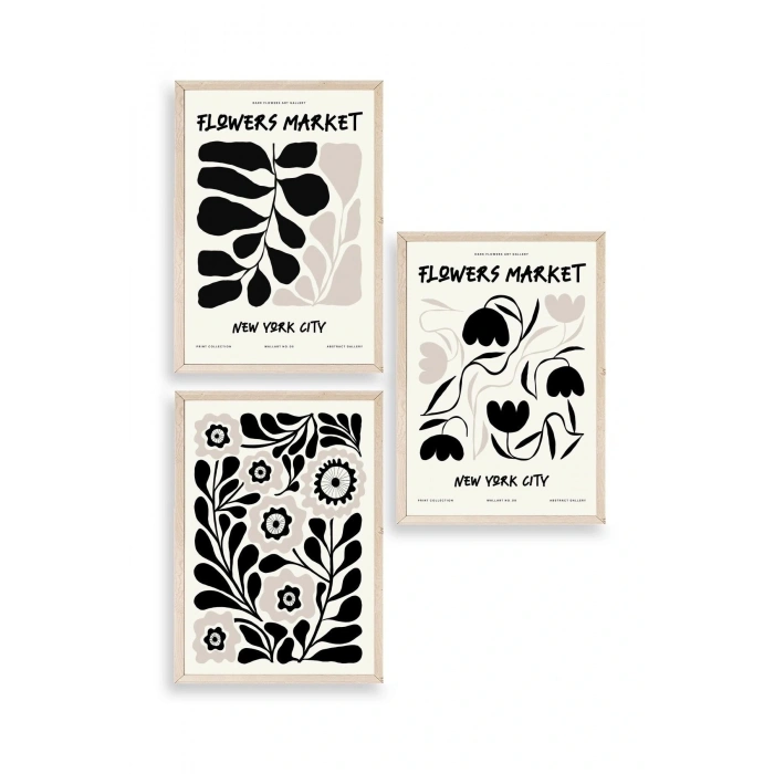 Flower Market Üçlü Ahşap Çerçeveli Tablo 30 x 40