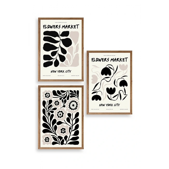 Flower Market Üçlü Ahşap Çerçeveli Tablo 30 x 40