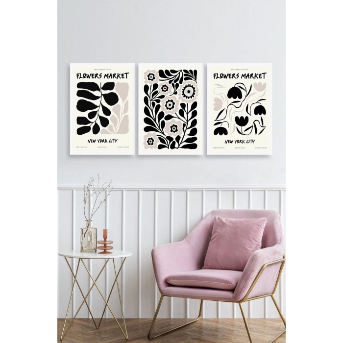 Flower Market Üçlü Ahşap Çerçeveli Tablo 30 x 40