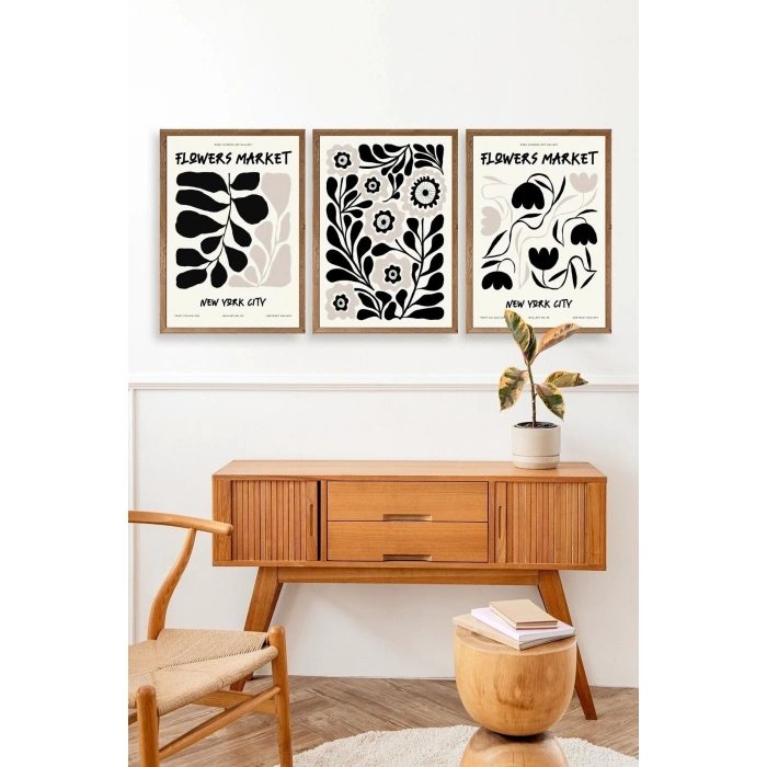 Flower Market Üçlü Ahşap Çerçeveli Tablo 30 x 40