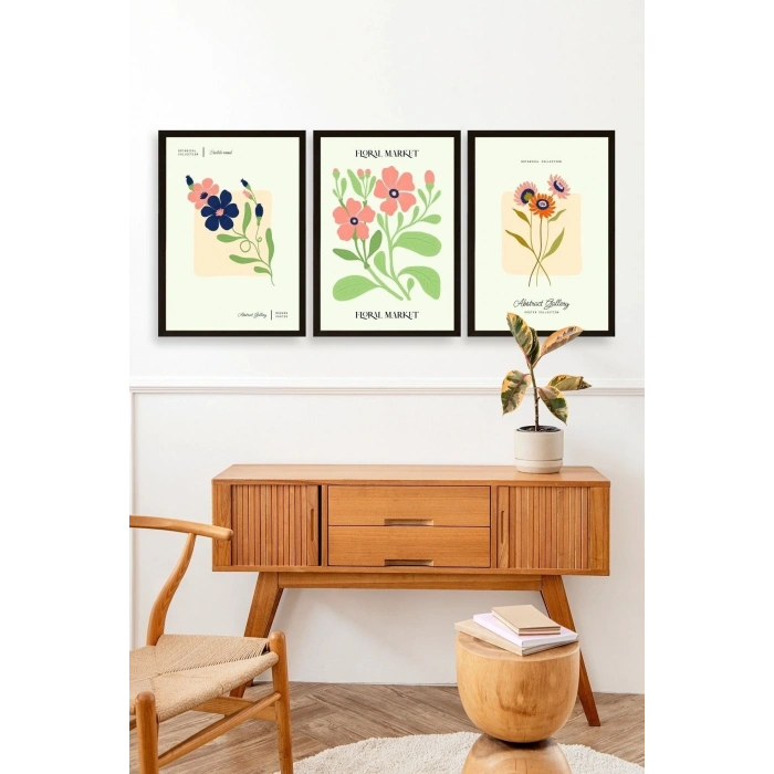 Flower Market Üçlü Ahşap Çerçeveli Tablo 30 x 40