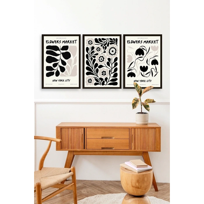 Flower Market Üçlü Ahşap Çerçeveli Tablo 30 x 40