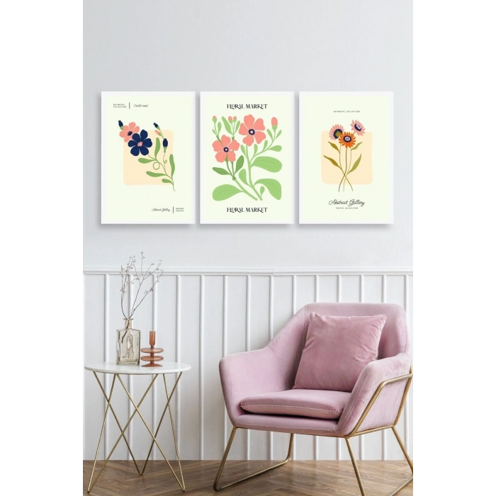 Flower Market Üçlü Ahşap Çerçeveli Tablo 50 x 70