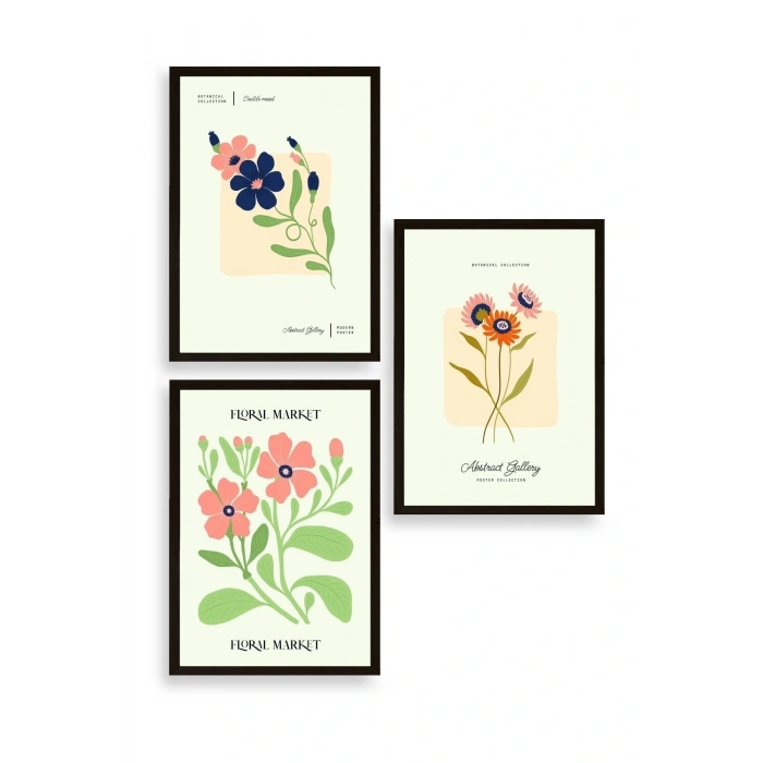 Flower Market Üçlü Ahşap Çerçeveli Tablo 50 x 70