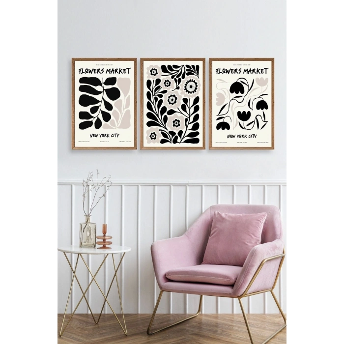 Flower Market Üçlü Ahşap Çerçeveli Tablo 50 x 70