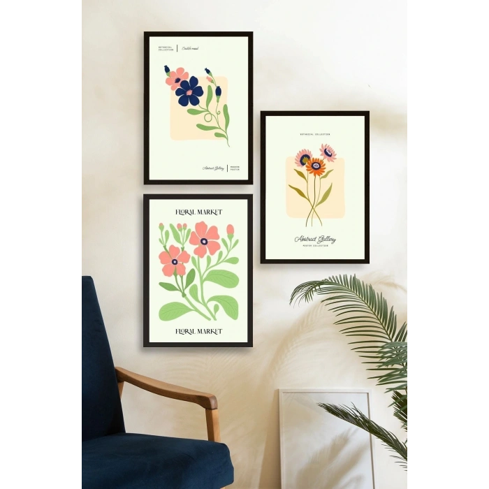 Flower Market Üçlü Ahşap Çerçeveli Tablo 50 x 70