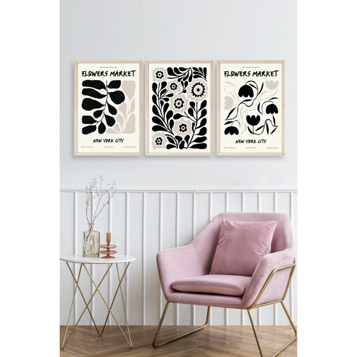 Flower Market Üçlü Ahşap Çerçeveli Tablo 50 x 70