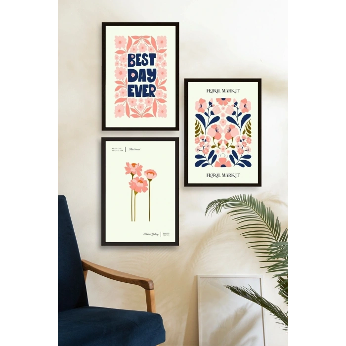 Flower Market Üçlü Ahşap Çerçeveli Tablo 50 x 70