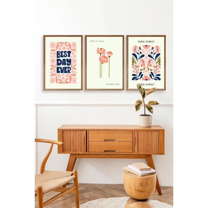 Flower Market Üçlü Ahşap Çerçeveli Tablo 50 x 70