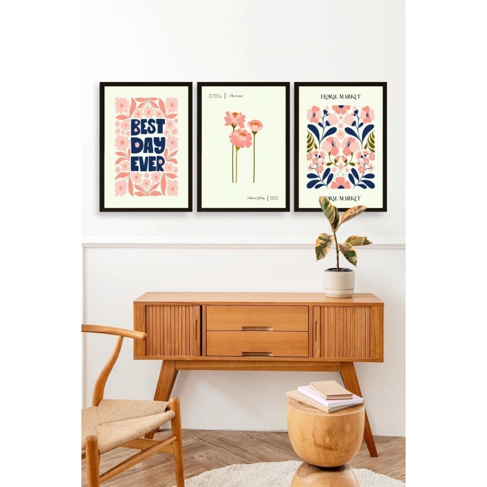 Flower Market Üçlü Ahşap Çerçeveli Tablo 50 x 70
