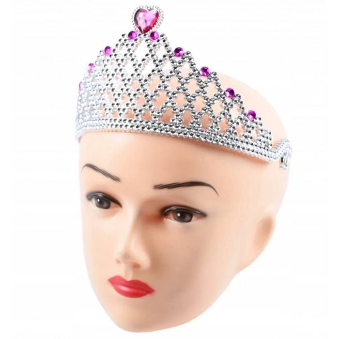 Fuşya Kalpli Gümüş Renk Kraliçe Tacı Prenses Tacı (5365)