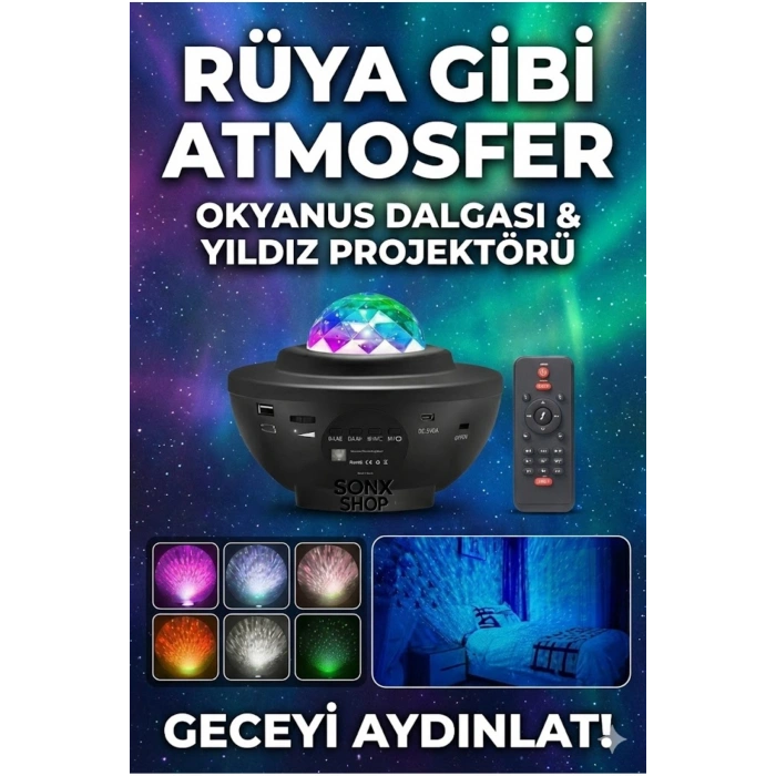 Galaksi Yıldız Projektörü ve Bluetooth Hoparlör 10 Renk Modlu Okyanus Dalgalı Gece & Disko Lambası