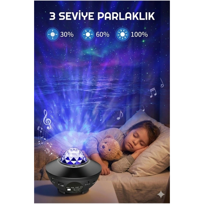 Galaksi Yıldız Projektörü ve Bluetooth Hoparlör 10 Renk Modlu Okyanus Dalgalı Gece & Disko Lambası