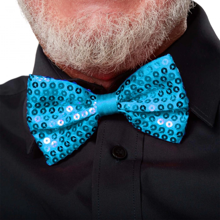 Gece Işıltısı Açık Mavi Turkuaz Payetli Pullu Papyon 7x2 cm (5365)