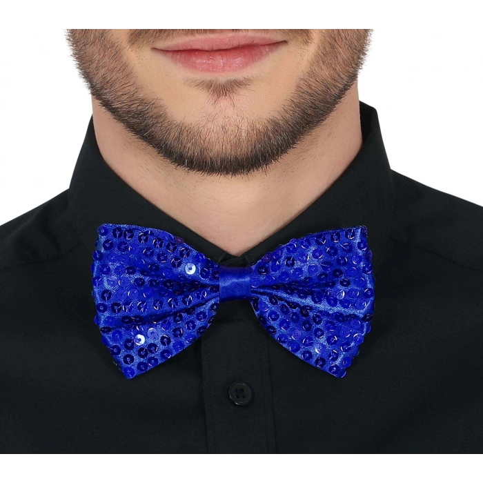 Gece Işıltısı Mavi Payetli Pullu Papyon 7x2 cm (5365)