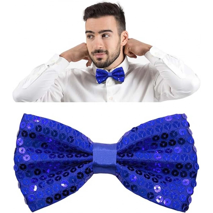 Gece Işıltısı Mavi Payetli Pullu Papyon 7x2 cm (5365)