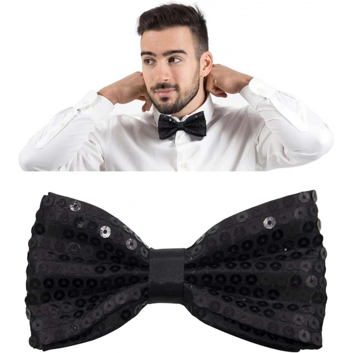 Gece Işıltısı Siyah Payetli Pullu Papyon 7x2 cm (5365)