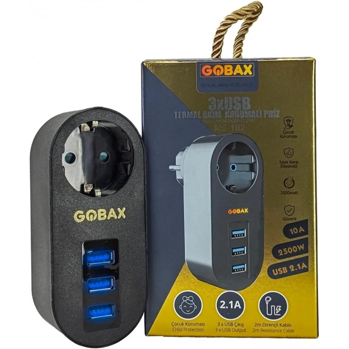 Gobax Termal Akım Korumalı Akıllı Priz 3xusb Li, Çocuk Korumalı, Led Işıklı, Yüksek Isıya Dayanıklı (5365)
