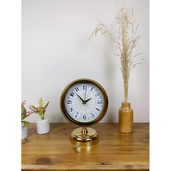 Gold Metal Çini Desen Masa Saati 25×20 cm