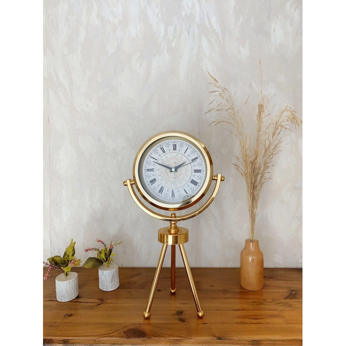 Gold Metal Mini Tripod Çini Desenli Roma Rakamı Masa Saati 45×26 cm