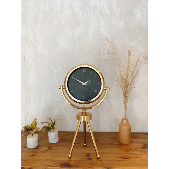 Gold Metal Mini Tripod Mermer İlhamı Masa Saati 45×26 cm