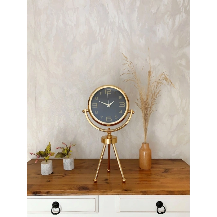 Gold Metal Mini Tripod Siyah İnci Masa Saati 45×26 cm – Şık ve Modern Dekoratif Tasarım