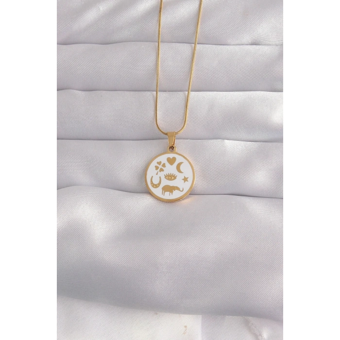 Gold Renk Beyaz Mineli Figürlü Tarot Kolye