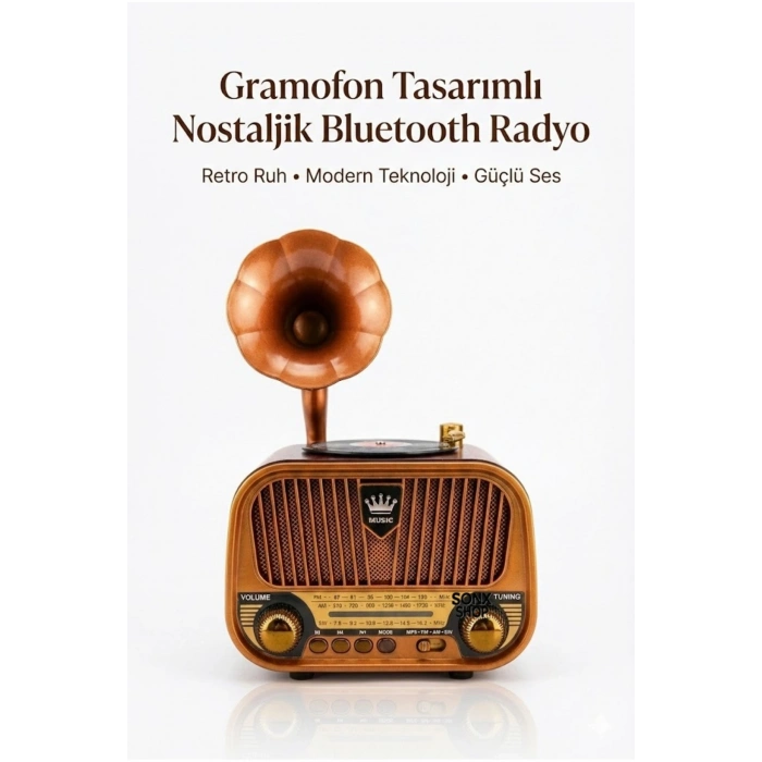 Gramofon Tasarımlı Nostaljik Bluetooth Radyo Hoparlör Müzik Çalar
