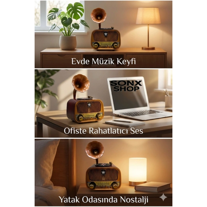 Gramofon Tasarımlı Nostaljik Bluetooth Radyo Hoparlör Müzik Çalar
