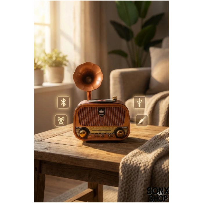 Gramofon Tasarımlı Nostaljik Bluetooth Radyo Hoparlör Müzik Çalar