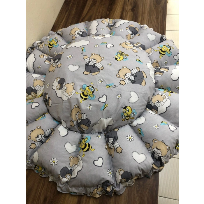 GRİ-AYICIK DESENLİ BEBEK YATAĞI , OYUN MİNDERİ