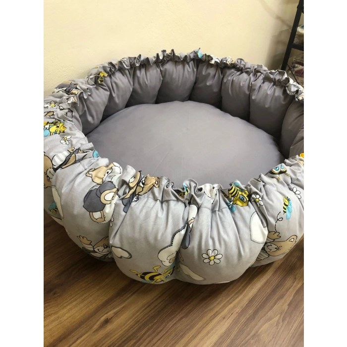 GRİ-AYICIK DESENLİ BEBEK YATAĞI , OYUN MİNDERİ