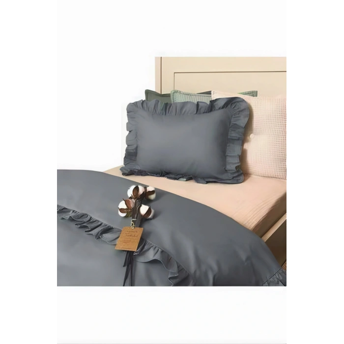 Gri fırfırlı çift kişilik nevresim takımı