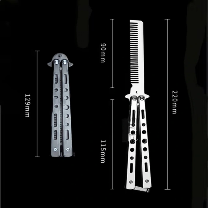 Gray Foldable Stainless Steel Butterfly Knife Comb Beard Mustache Brush Comb for Professional Haircut (5365)