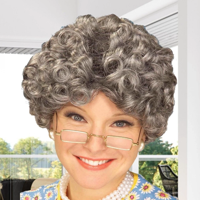 Gray Curly Granny Wig Lined Model