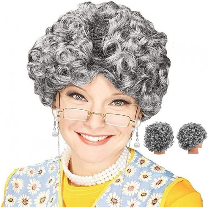 Gray Curly Granny Wig Lined Model