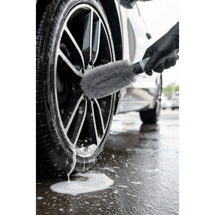Gri Oto Jant Temizleme Fırçası – Ergonomik Saplı, Lastik ve Jant Detay Temizliği İçin Güçlü Kıllı Fırça