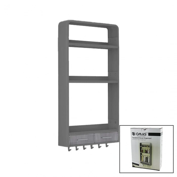 GRİ YAPIŞKANLI DUVAR ORGANİZERİ PLASTİK 3 RAF=14CM-19CM-30CM - 2 ÇEKMECE=40CM - 6 ASKI 19 PARÇA (5365)