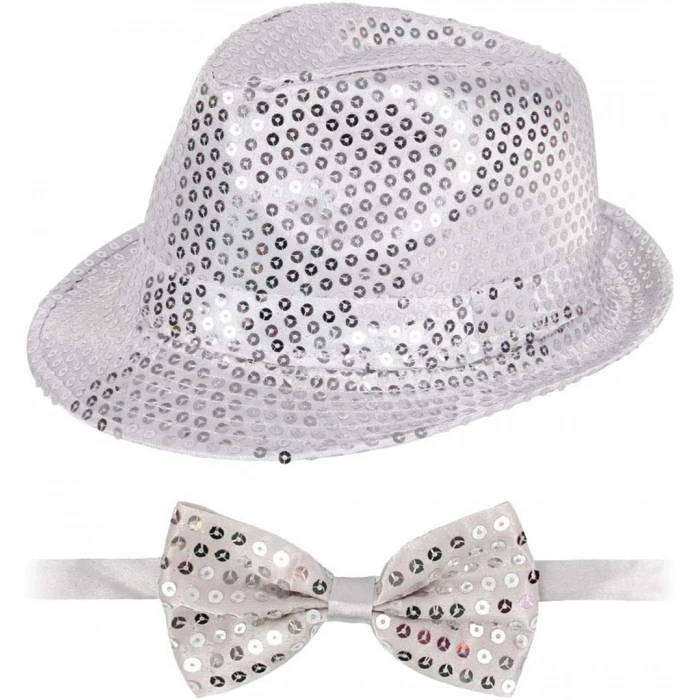 Cеребристая фетровая шляпа и галстук-бабочка – Блестящий комплект костюма для взрослых