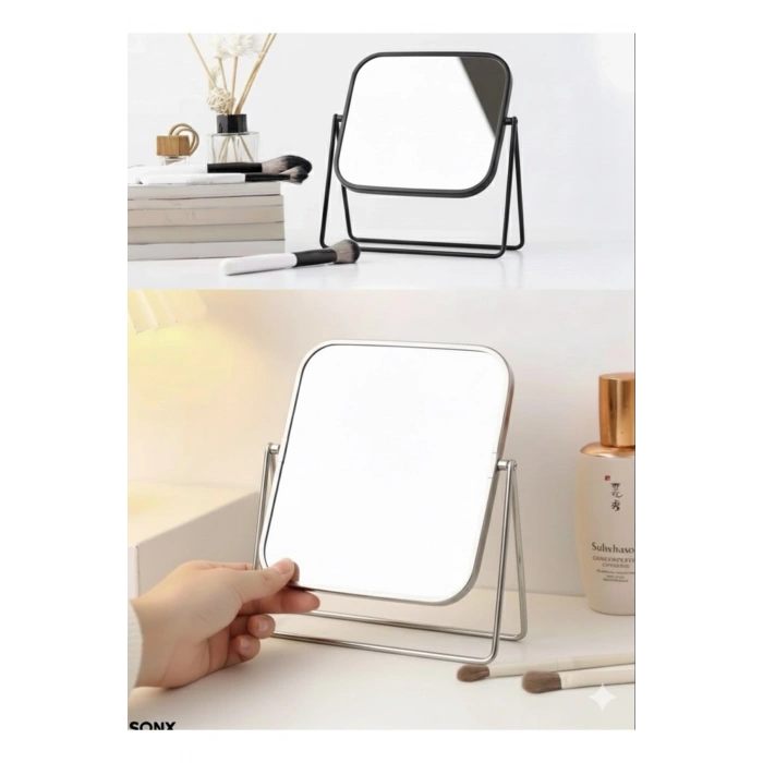 Gümüş Renk Ayarlanabilir KARE Metal Ayaklı Masa Üstü Makyaj Aynası –360° Döner,Şık Dekoratif Tasarım