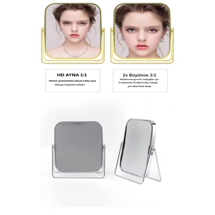 Gümüş Renk Ayarlanabilir KARE Metal Ayaklı Masa Üstü Makyaj Aynası –360° Döner,Şık Dekoratif Tasarım