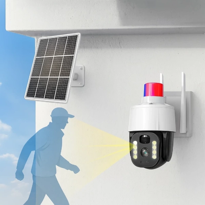 Güneş Enerjili Alarmlı Çakarlı Dış Mekan Güvenlik Kamerası