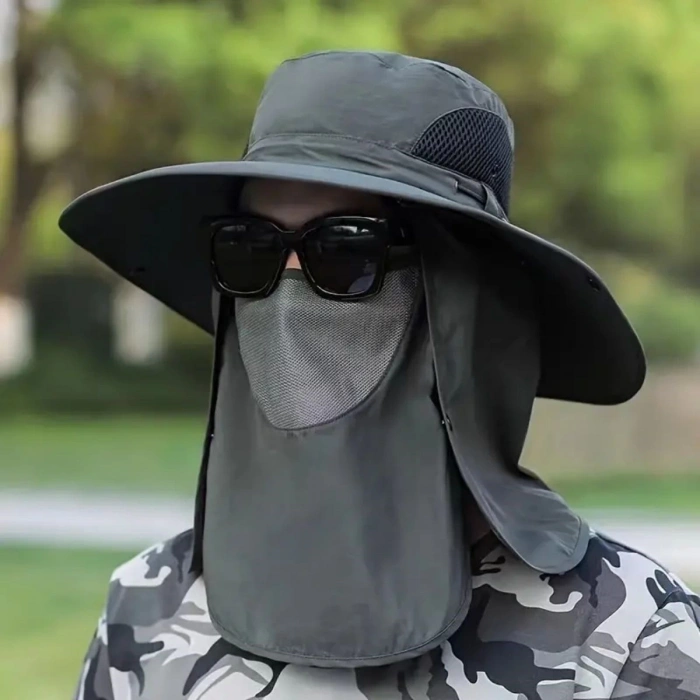 Güneş Koruyuculu Nefes Alabilen Maskeli ve Boyun Kapaklı Geniş Kenarlı Balıkçı Şapkası (5365)
