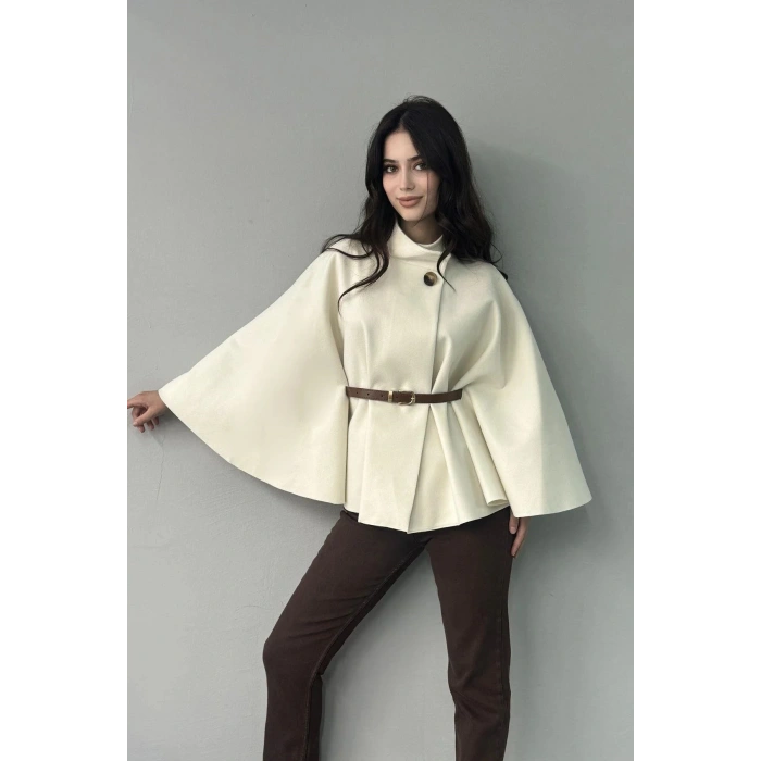 HAKİM YAKA KEMER DETAYLI KAŞE PANÇO