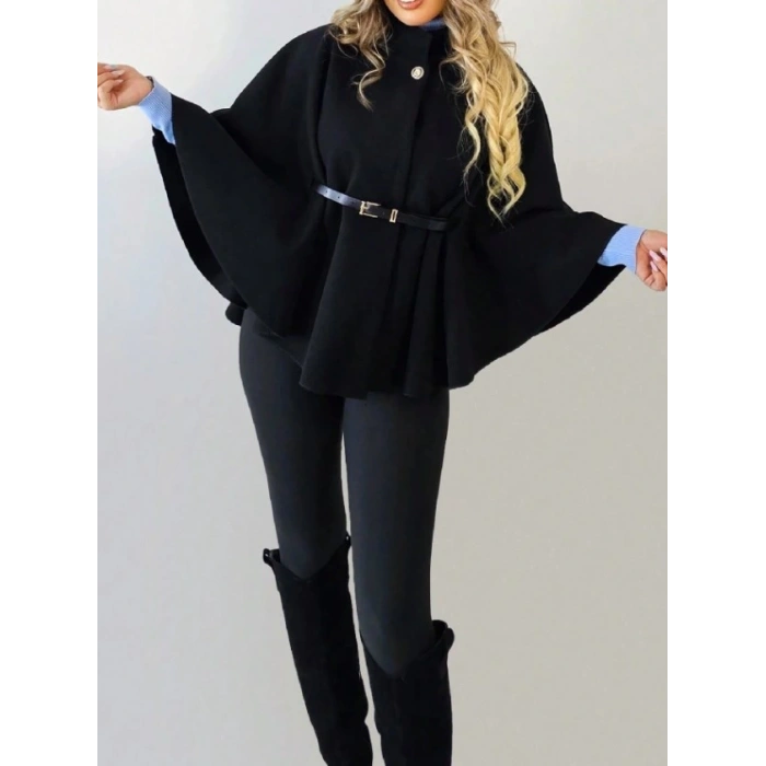 HAKİM YAKA KEMER DETAYLI siyah kemer secenekli KAŞE PANÇO kahve rengi kemer