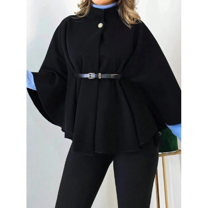 HAKİM YAKA KEMER DETAYLI siyah kemer secenekli KAŞE PANÇO kahve rengi kemer