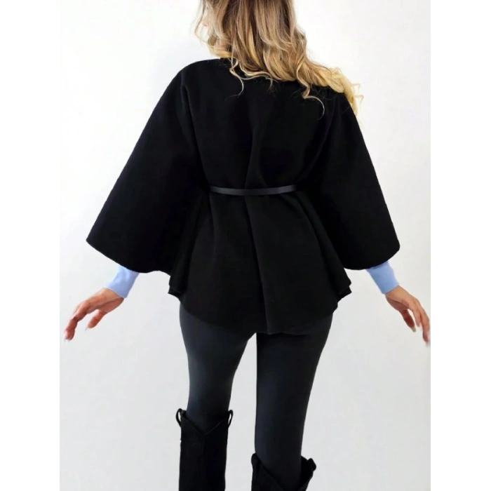 HAKİM YAKA KEMER DETAYLI siyah kemer secenekli KAŞE PANÇO kahve rengi kemer