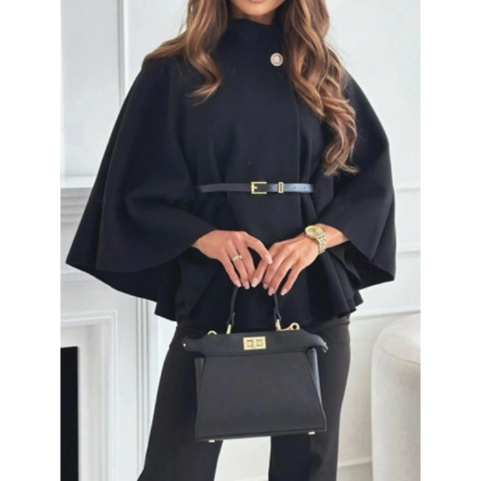 HAKİM YAKA KEMER DETAYLI siyah kemer secenekli KAŞE PANÇO kahve rengi kemer